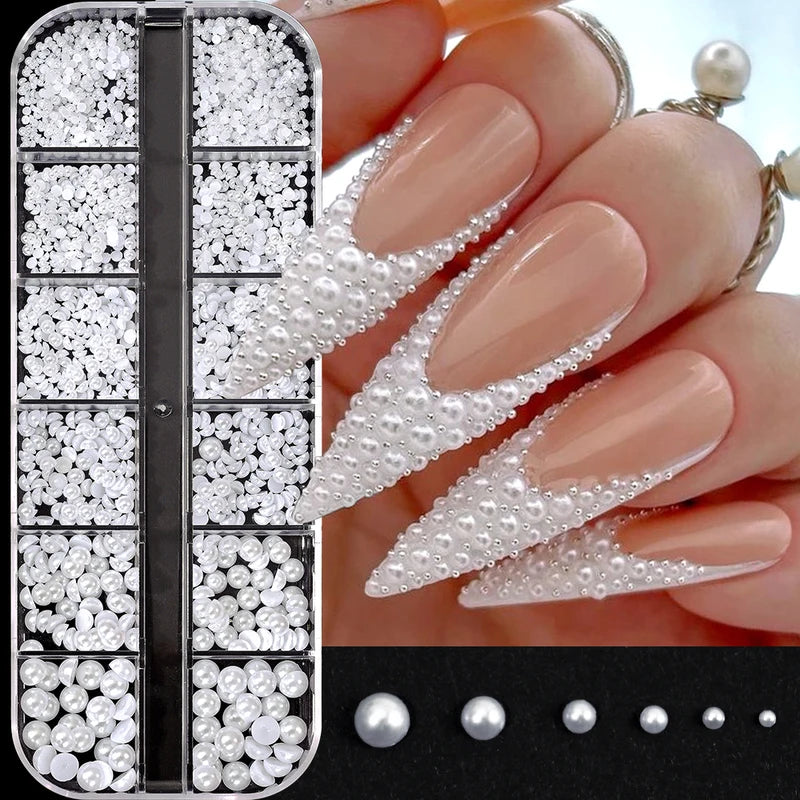 12-Grid 3D White Pearl Nail Charms Beads for Manicure & Nail Art Decoration