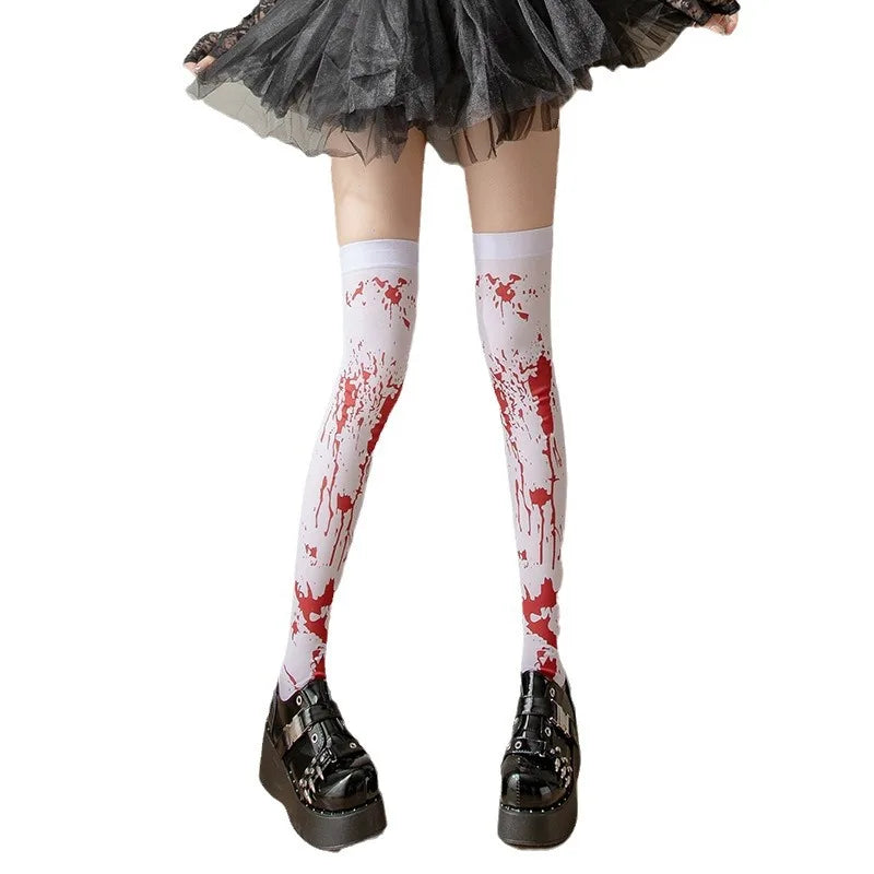 Halloween Bloodstained Bone Ghost Long Knee High Socks Cosplay Devil Girl Stockings