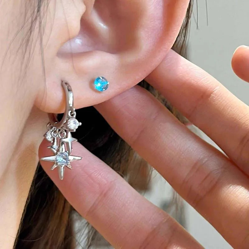 Y2K Blue Zircon Star Tassel Earrings for Women Men Silver Jewelry Gift