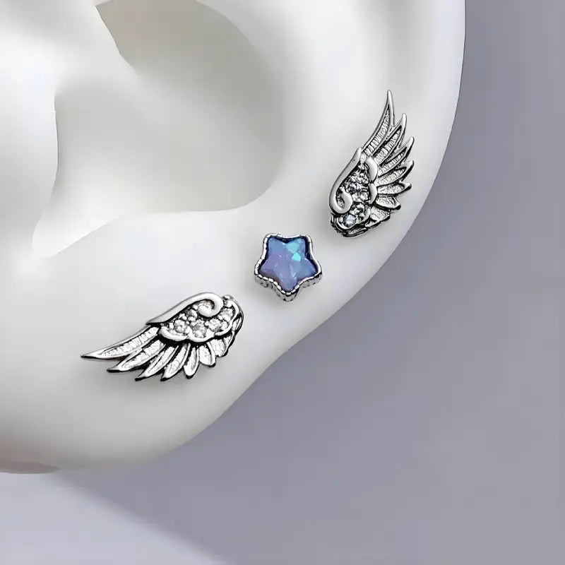 3-Pack Shiny Angel Wing Star Ear Studs for Women and Couples Jewelry