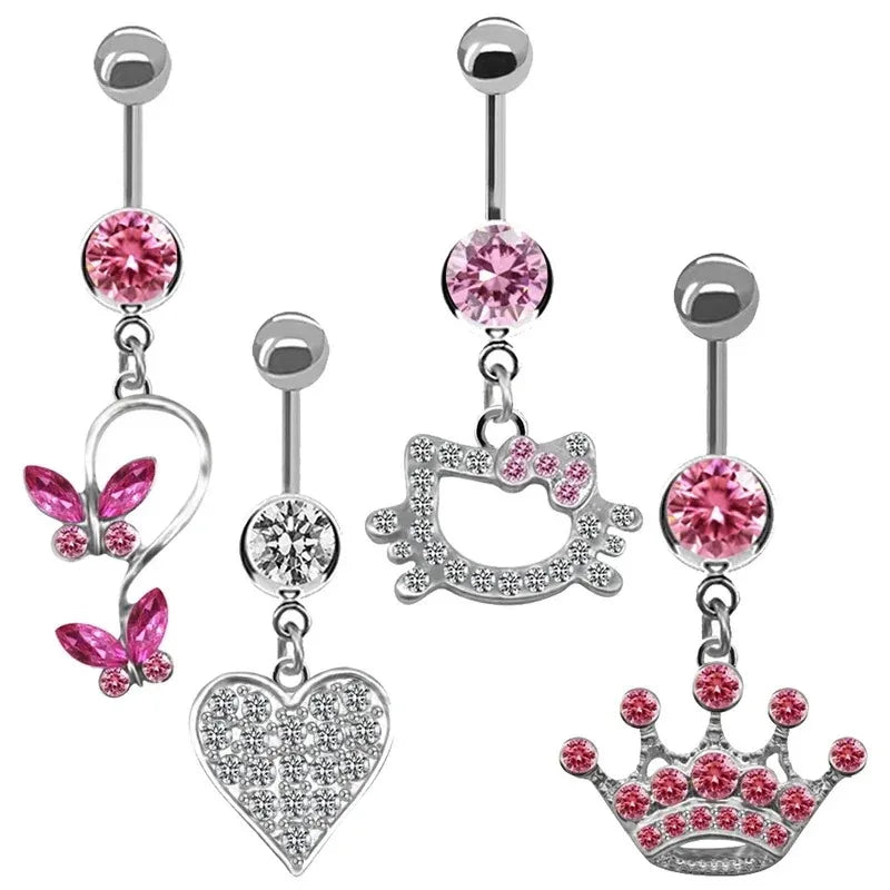 Butterfly Heart Drop Belly Button Rings - Crystal Stone Navel Jewelry for Women
