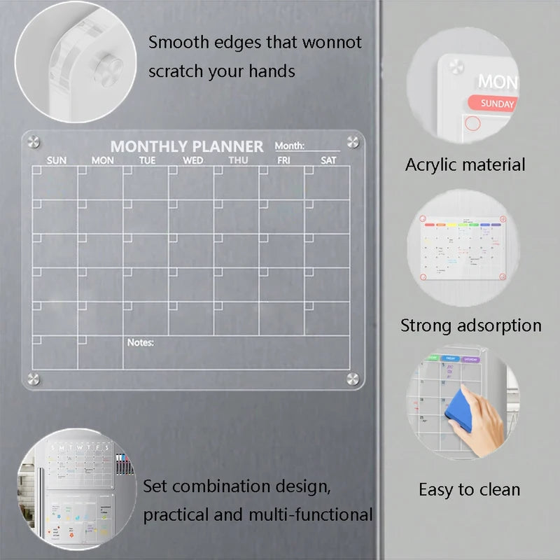 Magnetic Reusable Acrylic Fridge Calendar Board with Markers - Monthly & Weekly Planner for Home & Office