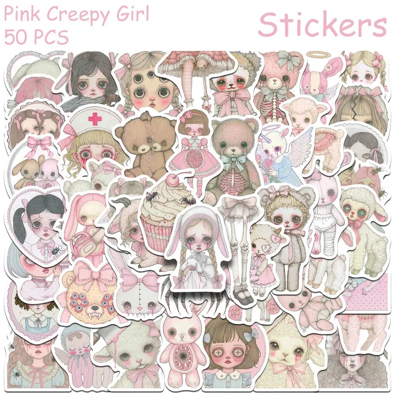 50pcs Pink Creepy Girl Sticker Set Waterproof Vinyl Decals for Laptop Skateboard Suitcase
