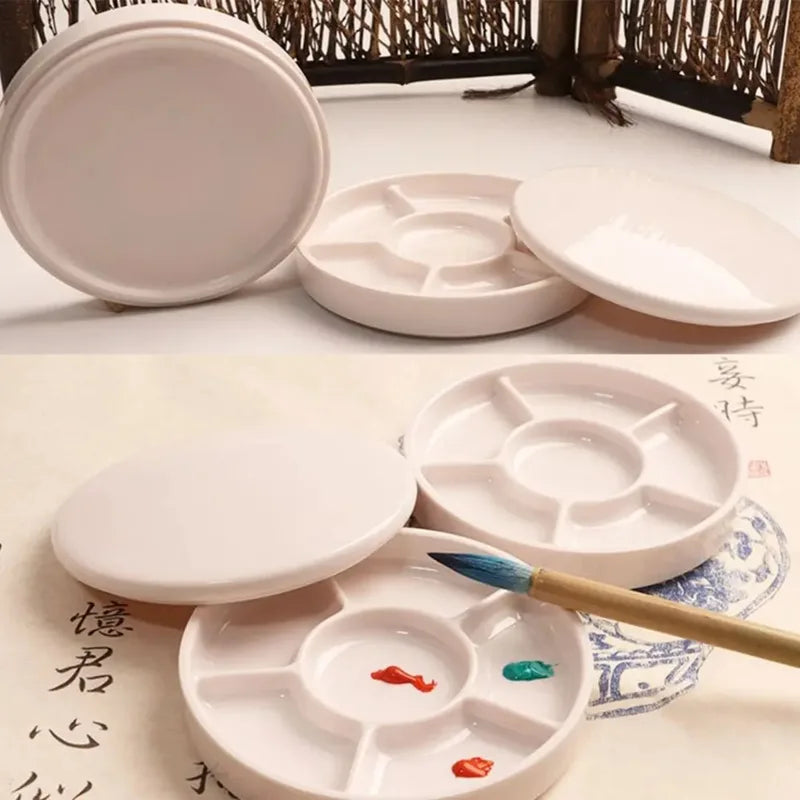 Imitation Porcelain Paint Palette with Lid - Round Watercolor Tray for Artists
