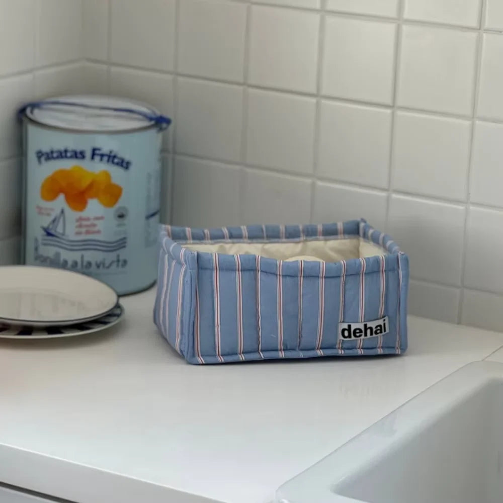 Square Fabric Storage Basket with Lace Flower Design - Desk Organizer, Home Decor