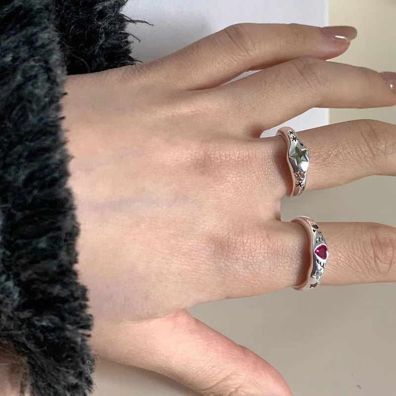 Colorful Heart Stone Silver Ring for Women - Open Handmade Jewelry Gift