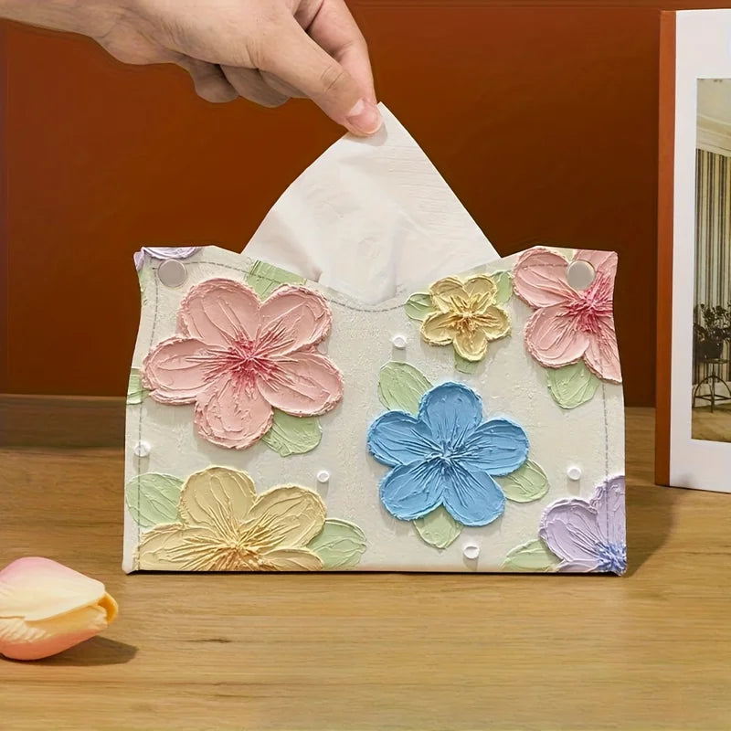 Elegant Floral Tissue Box - Oil Painting Style Desktop Storage for Living Room & Dining