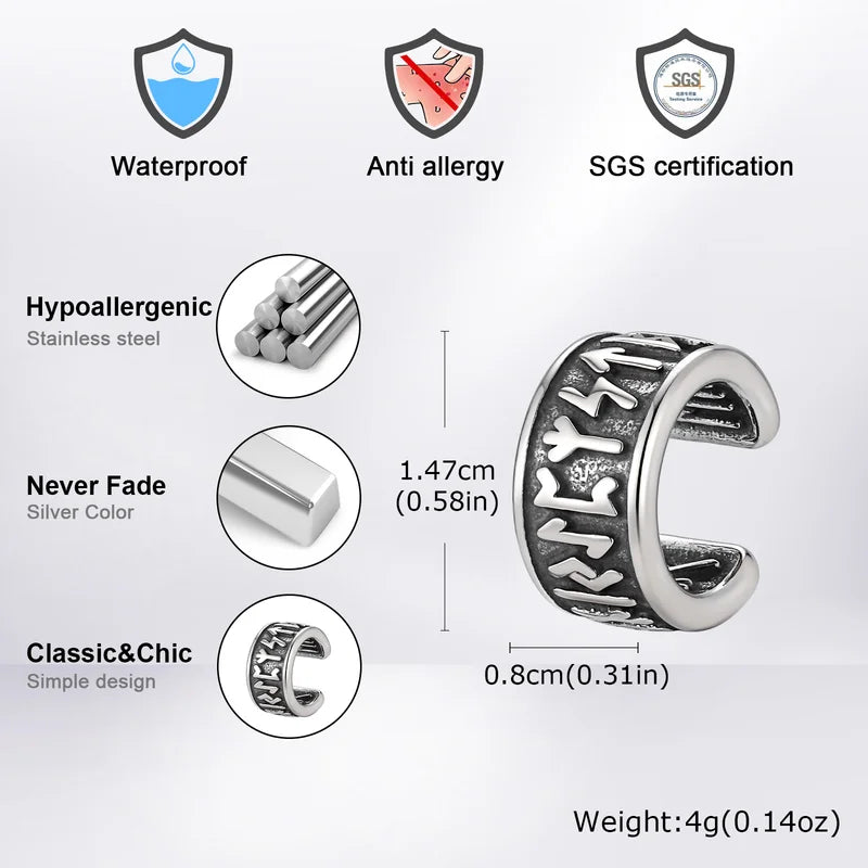 Vintage Punk Viking Clip Earrings for Men Boys - Hypoallergenic Stainless Steel No Piercing Ear Cuffs - Gift for Dad & Him