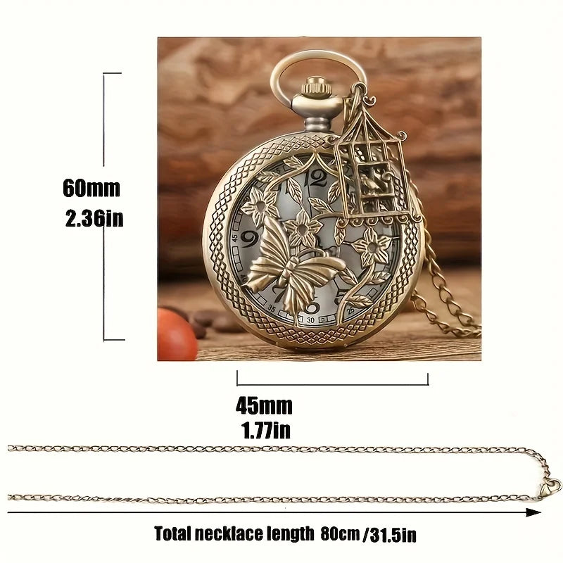 Vintage Bronze Butterfly Pocket Watch with Birdcage Pendant and Necklace Chain – Men Women Gift