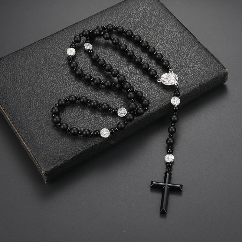 Black Round Beads Saint Benedict Cross Pendant Necklace for Men Women Rosary Gift