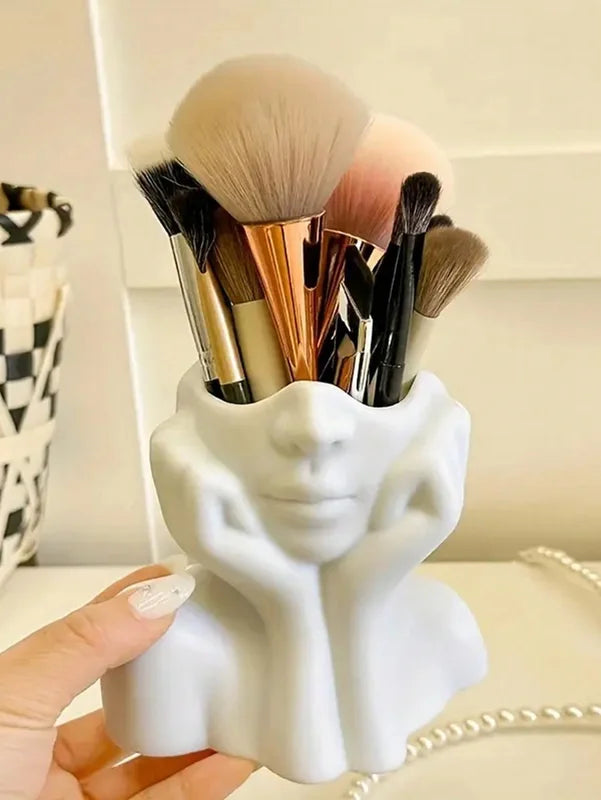 Human Face Makeup Brush Holder Desktop Organizer Vase for Cosmetics & Eyebrow Pencils