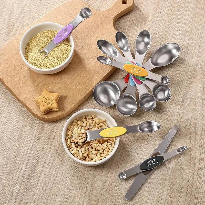 Stainless Steel Double-Headed Measuring Spoon Set with Magnetic Suction - 9 Pieces
