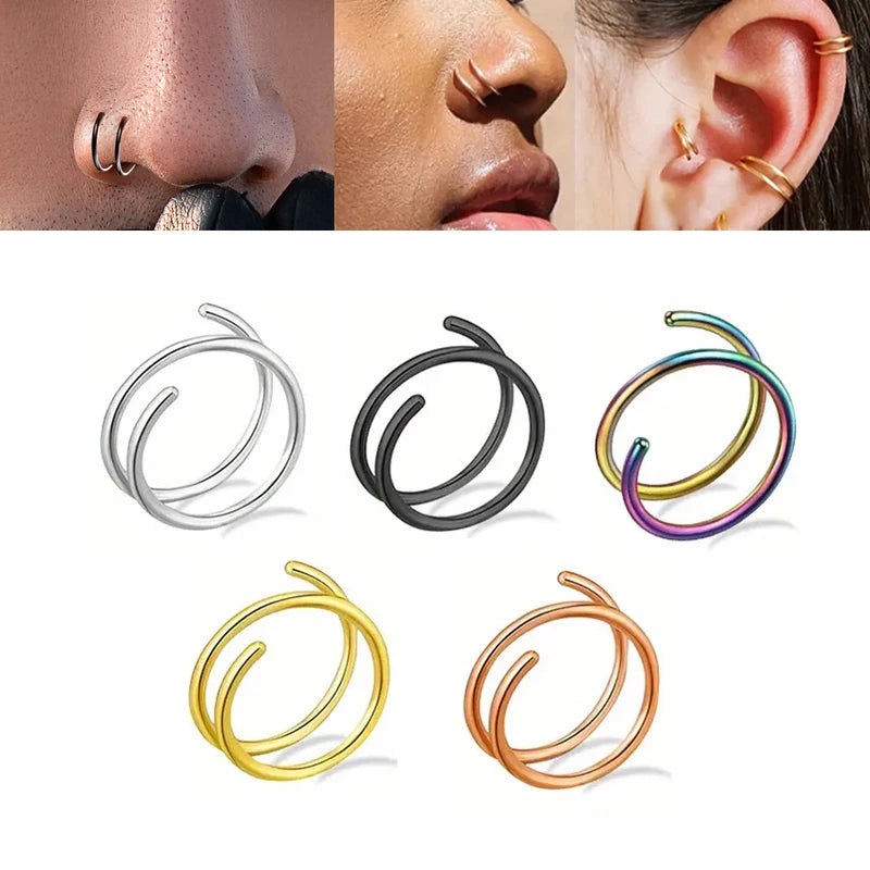 2pcs Double Nose Hoop Ring Twist Lip Cartilage Earrings for Men and Women