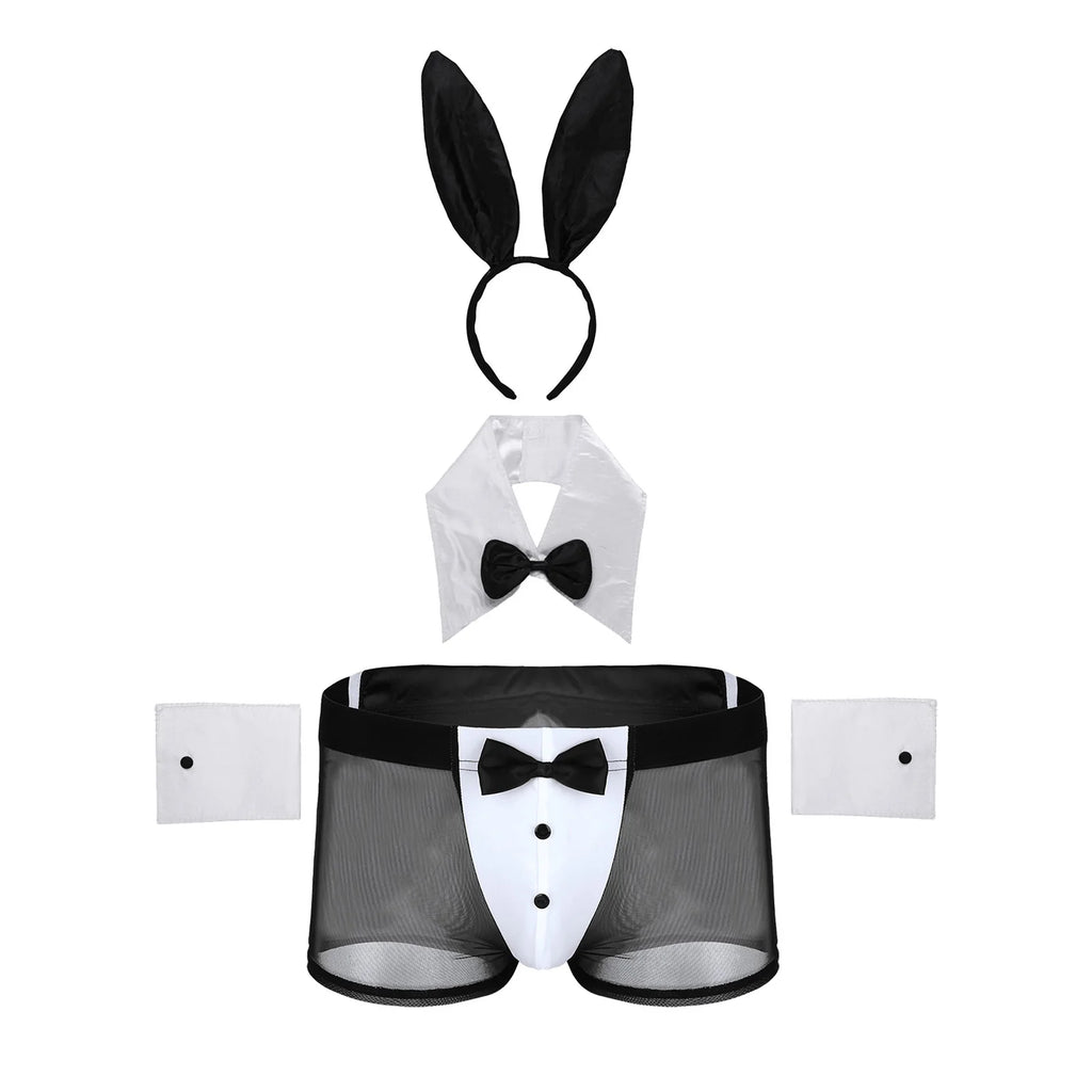 Men's Bunny Cosplay Costume Set with Sheer Boxer Briefs Rabbit Ears Headband and Accessories