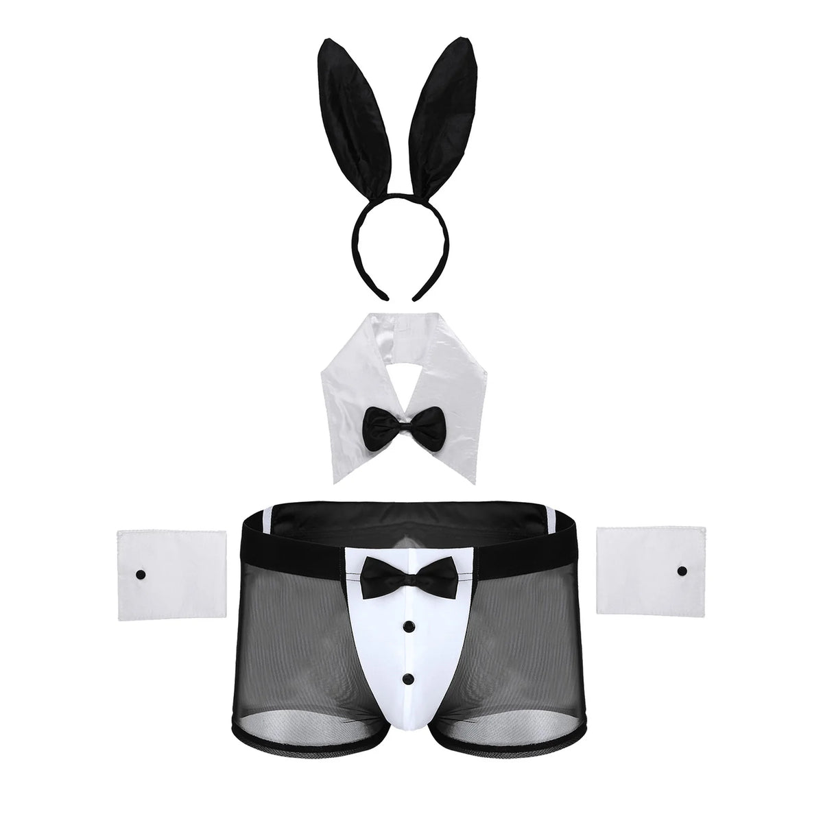 Men's Bunny Cosplay Costume Set with Sheer Boxer Briefs Rabbit Ears Headband and Accessories