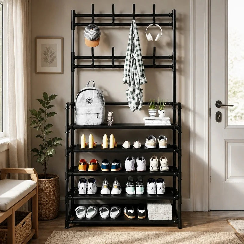 Multi-Tier Metal Storage Rack with 8 Hooks for Shoes Coats Hats Accessories