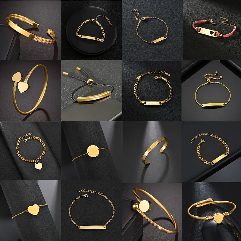 Unisex Punk Couple Bracelets Stainless Steel Gold Plated Bar Cuff Jewelry