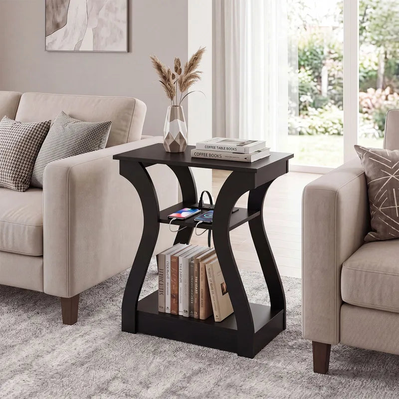 Living Room Side Table with Charging Station 3-Tier Storage Nightstand - Black & Grey