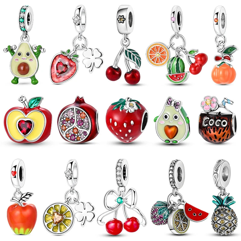 Fruit Charm Bead 925 Silver Strawberry Cherry Avocado Pendant for DIY Bracelets