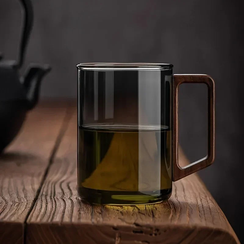 400ml Heat-Resistant Glass Cup with Walnut Handle for Tea and Coffee - Multiple Colors