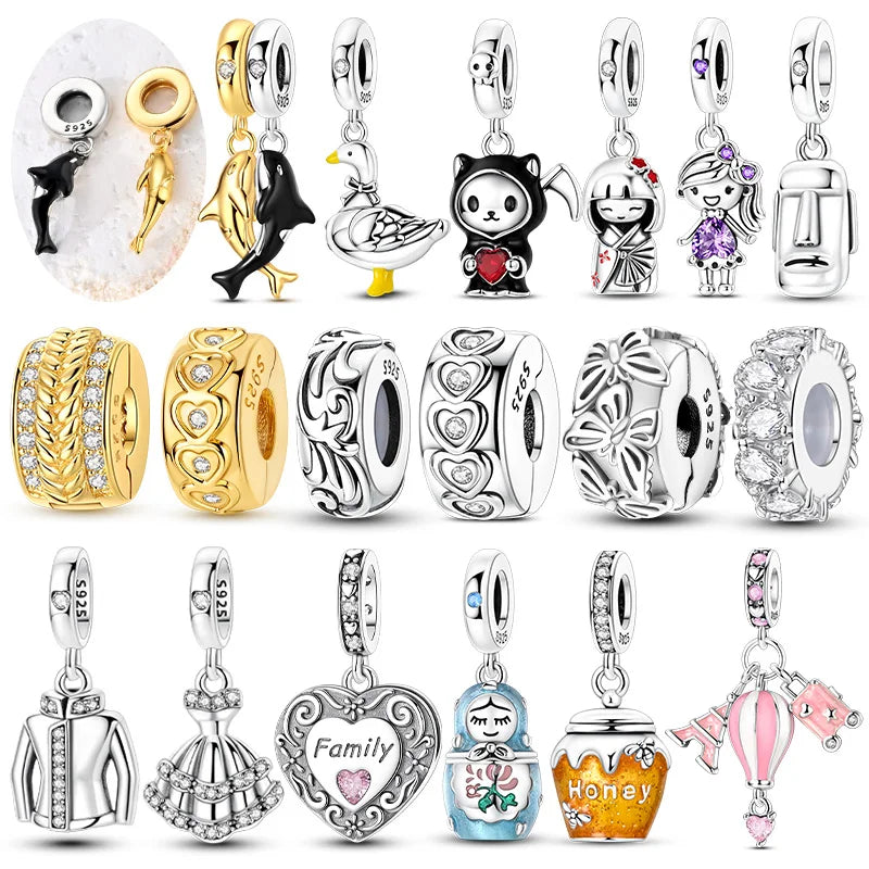 Sterling Silver Charms Bead for Bracelets & Necklaces - Cat Heart & Clip Jewelry