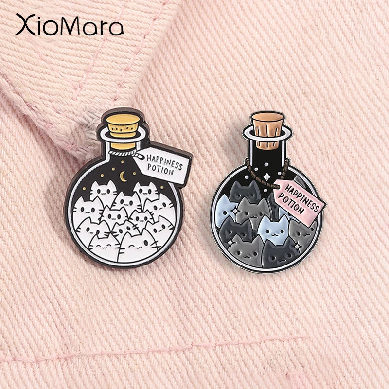 Cartoon Cat Happiness Potion Enamel Lapel Pin for Cat Enthusiasts Gift Jewelry