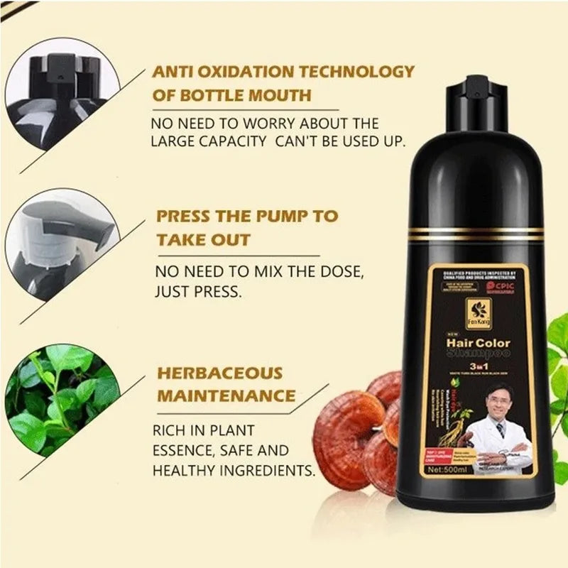Black Hair Dye Shampoo Permanent Natural Plant Hair Color - No Harm & Easy to Use