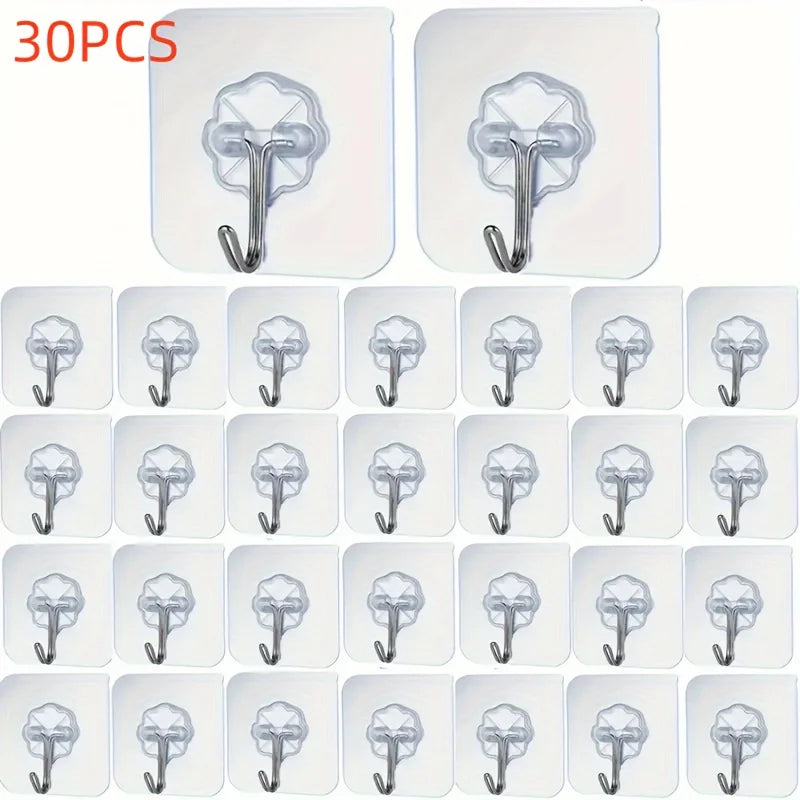 30 Pcs Transparent Self-Adhesive Wall Hooks for Kitchen Bathroom, Traceless Non-Slip Mounts