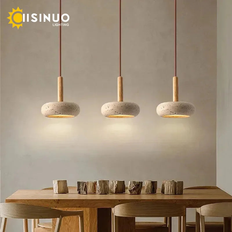Wabi Sabi Yellow Travertine Stone Pendant Light - Small Round Bedside Hanging Lamp for Bedroom & Corridor