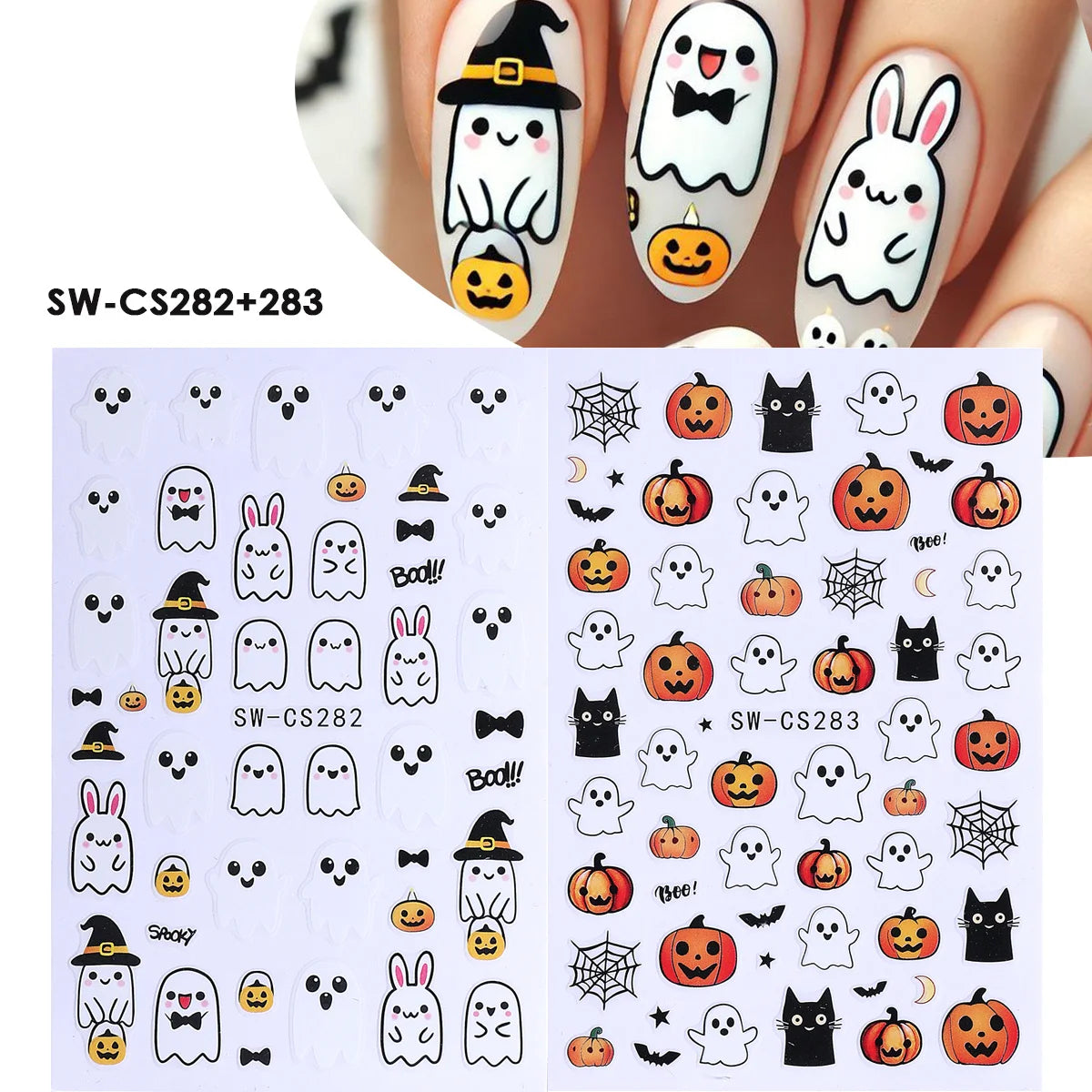 Halloween Nail Decals 2 Sheets Adorable Ghosts Pumpkins Spider Web Bat Lollipops
