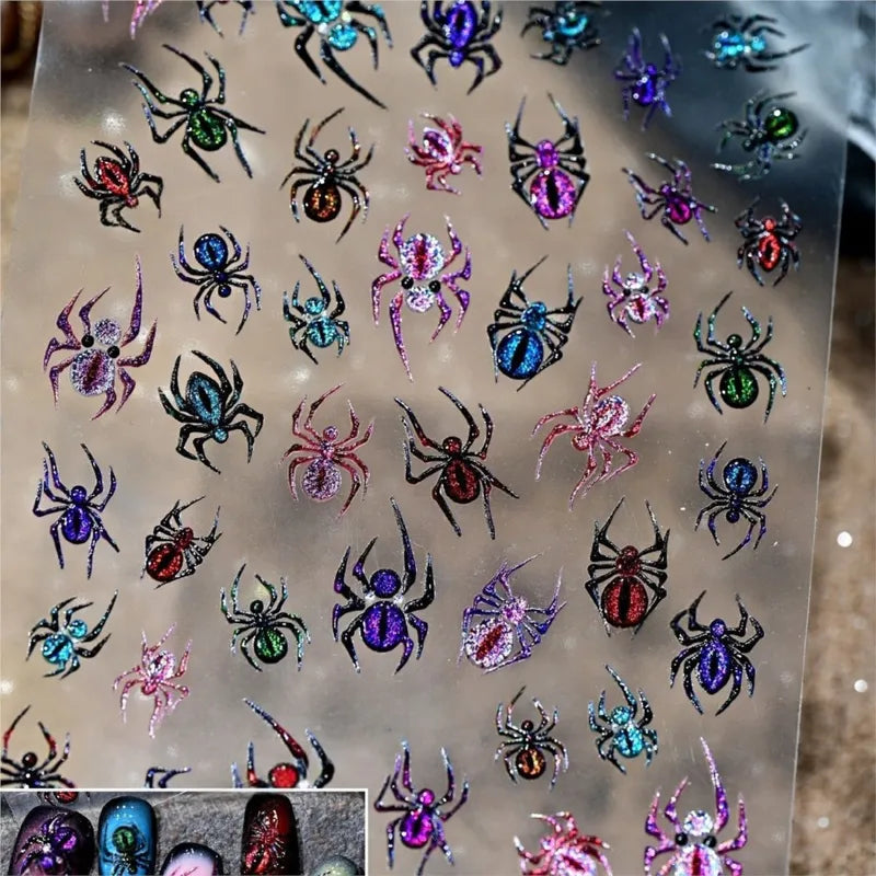 Colorful Holographic Cat Eye Spider Nail Art Stickers Halloween Decor - 1pc