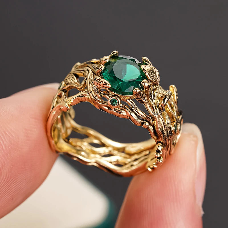 Elegant Leaf Design Gold Color Rings with Green Cubic Zirconia for Women