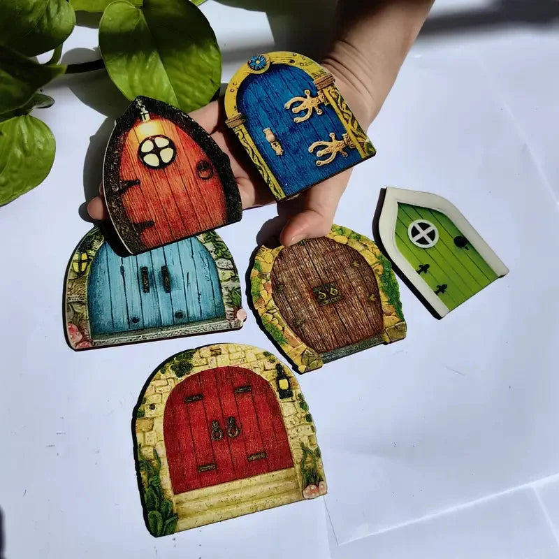 6PCS Wooden Fairy Garden Doors and Windows Set - Enchanting Dwarf Elf Miniatures for Outdoor & Indoor Decor