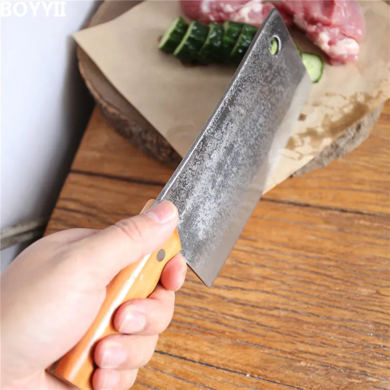 Forged Chef Knife with Wooden Handle and Copper Rivets - High-Carbon Steel Slicing Knife