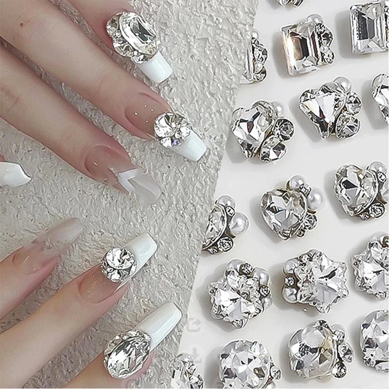 6 Grids Crystal Nail Art Rhinestones Set - Heart & Square Glass Gems for DIY Nails