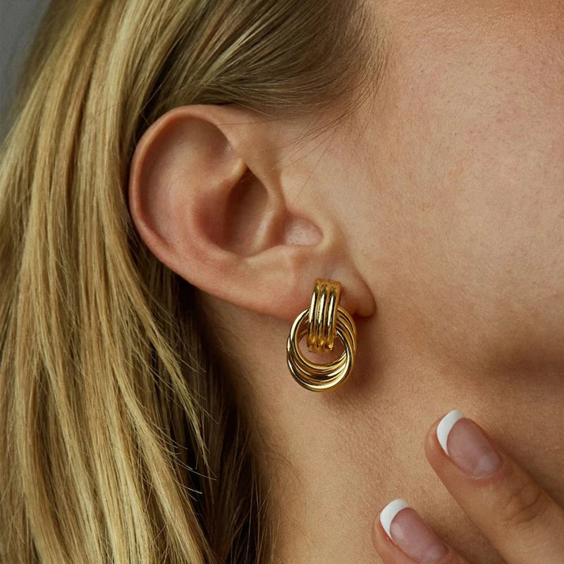 Vintage Texture Gold Plated Stainless Steel Earrings for Women Geometric Circle Twist Statement Jewelry