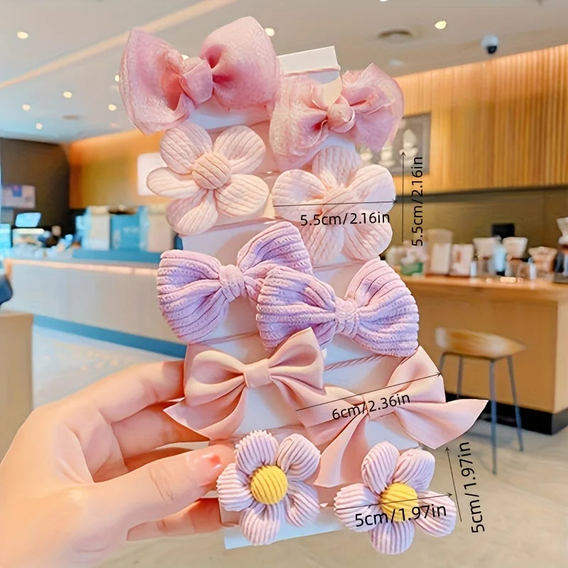 Cute Bow Flower Hair Ties Set - Strong Elastic Ponytail Holders 10 pcs