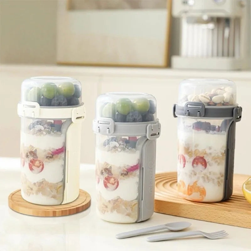 Yogurt Parfait Cups with Spoon & Fork, 800-1000ml Food-Grade Double-Layer Bottle