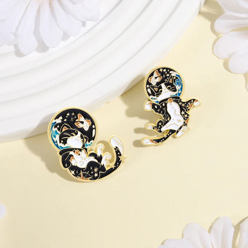 Cute Space Astronaut Cat Collection Enamel Pins - Constellation & Fish Tank Brooches