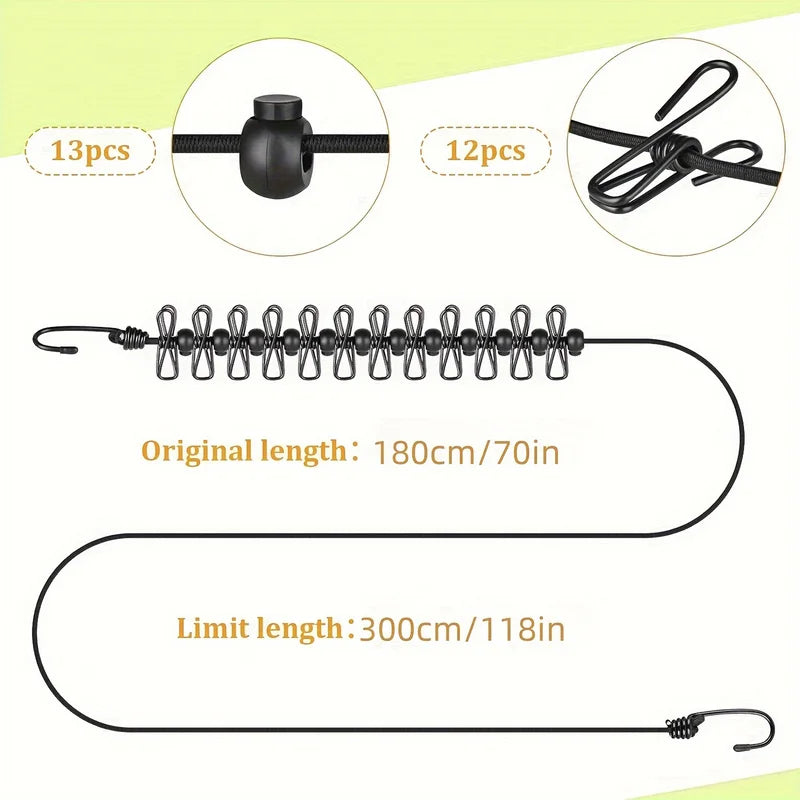 Portable Travel Clothesline with 12 Clips - Retractable Non-Slip Drying Rope for Indoor & Outdoor Use