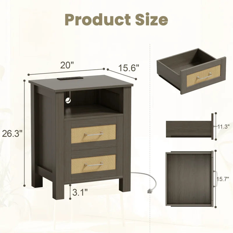 Rattan Nightstand with 2 Drawers & Storage Shelf - Farmhouse Boho Bedside Table