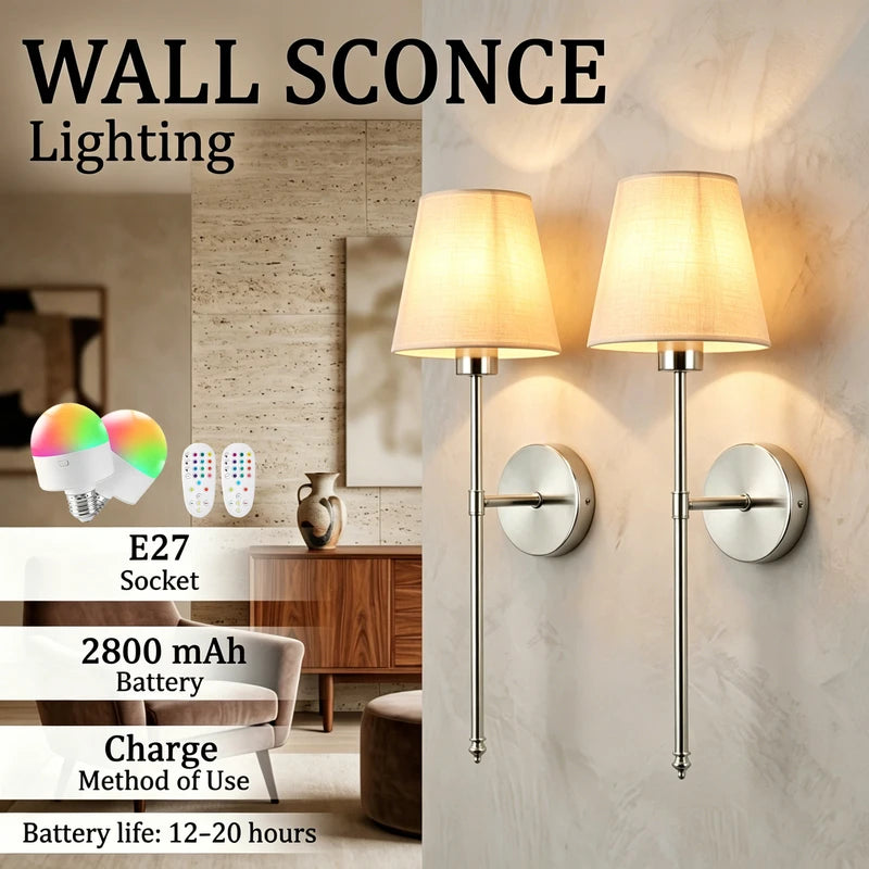 Rechargeable Wall Sconce Nordic Style Fabric Lamp with 2800mAh Battery for Living Room Bedroom Home Office