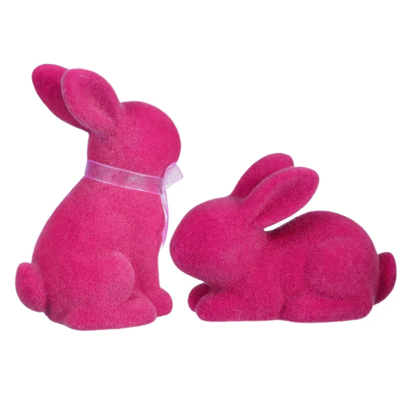 Pink Flocked Easter Bunny Statues Set - Resin Spring Home Decor, Tabletop & Garden