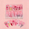 3D Pink Sweet Bow Heart Fake Nails Long Almond False Nails with Rhinestones