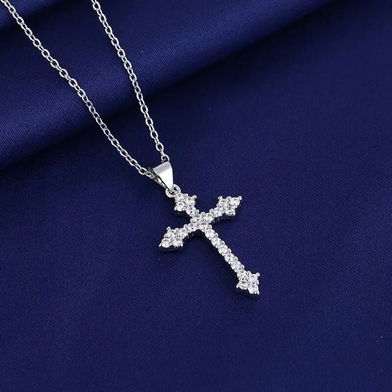 Women’s Gold-Color Necklace with Cross Pendant and Rhinestones, 45cm