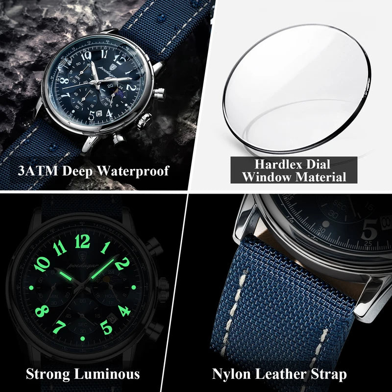 Luxury Waterproof Luminous Chronograph Men’s Military Sport Watch with Nylon Leather Strap