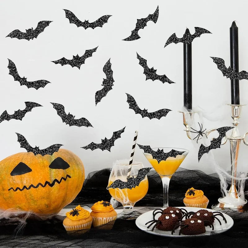 500pcs Halloween Bat Stickers Roll Waterproof Laser Black 3D Glitter Self-Adhesive Decorations