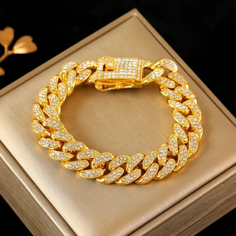 Men's Gold Chain Bracelet with Clear Crystal Stones - Hip Hop Miami Link Style