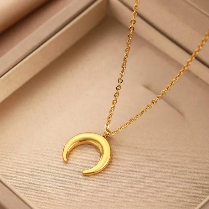 Classic Gold Color Stainless Steel Moon Pendant Necklace for Women Jewelry