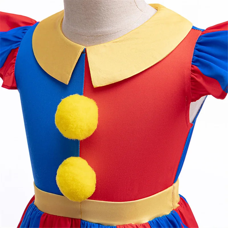 Halloween Circus Cosplay Costume for Kids - Red and Blue Clown Dress Up Outfit with Headwear